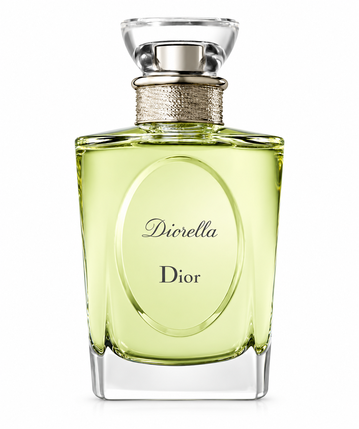 Dior Diorella Eau de Toilette for women, featuring an elegant transparent glass perfume bottle filled with pale green fragrance, an oval front label with Diorella and Dior lettering, a textured silver-toned neck and a clear sculpted cap, photographed against a clean white background.