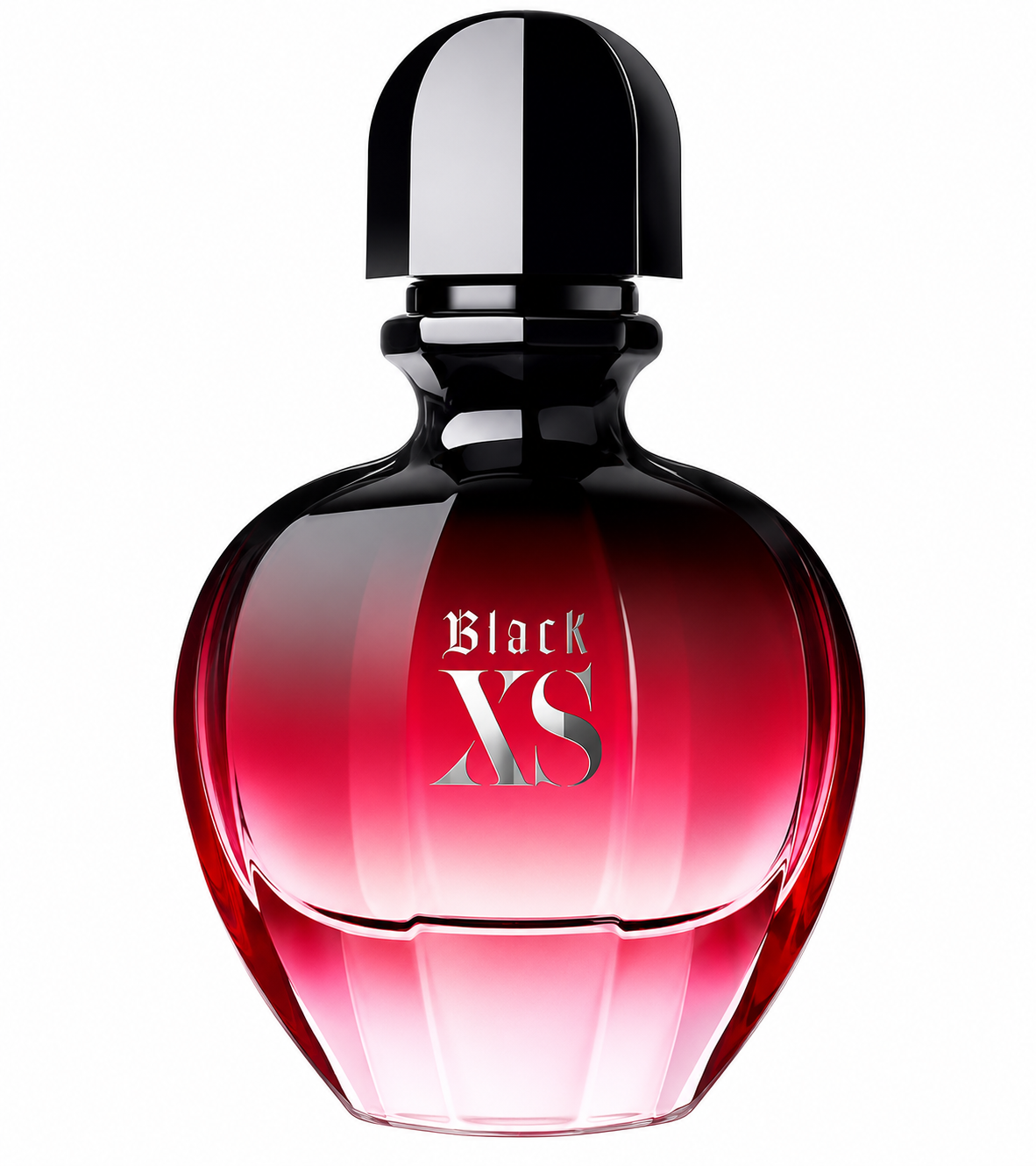 Paco Rabanne Black XS Eau de Parfum 80ml elegantly presented on a pure white background, showcasing its distinctive black-to-crimson gradient bottle with a glossy black cap, reflecting its bold, sensual and contemporary character.