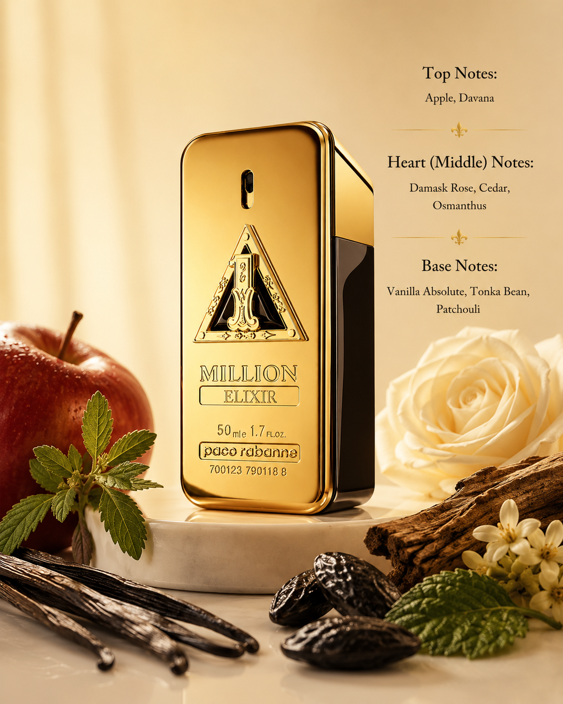 Paco Rabanne 1 Million Elixir Parfum 50ml elegantly displayed on a refined marble pedestal surrounded by crisp apple, davana leaves, blooming Damask rose, cedar wood, osmanthus blossoms, rich vanilla pods, tonka beans and earthy patchouli, creating a warm, luxurious and sophisticated atmosphere that perfectly reflects its fruity, floral, woody and gourmand fragrance profile.