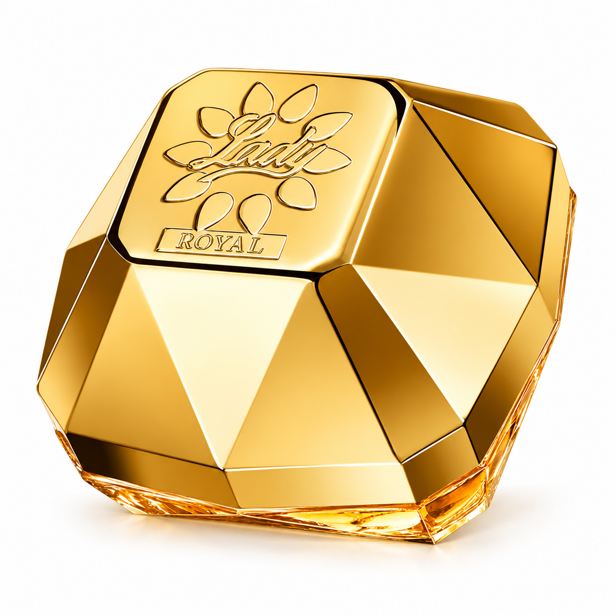 Lattafa Royal perfume in a luxurious gold, diamond-shaped bottle with a faceted metallic finish, engraved Royal lettering and decorative floral detailing. An elegant Arabic fragrance bottle photographed against a pure white background.