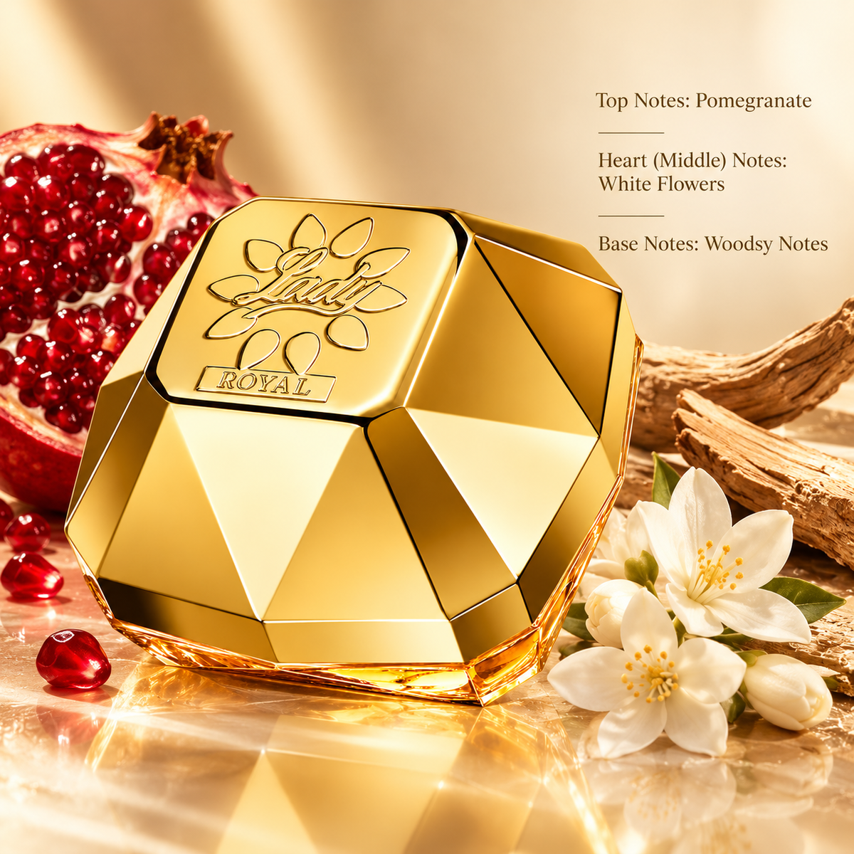 Lattafa Royal Arabic perfume in a striking gold, diamond-shaped bottle, surrounded by fresh red pomegranate, delicate white flowers and natural wood. A luxurious fruity floral woody fragrance presented on a reflective marble surface with warm golden lighting and an elegant background.