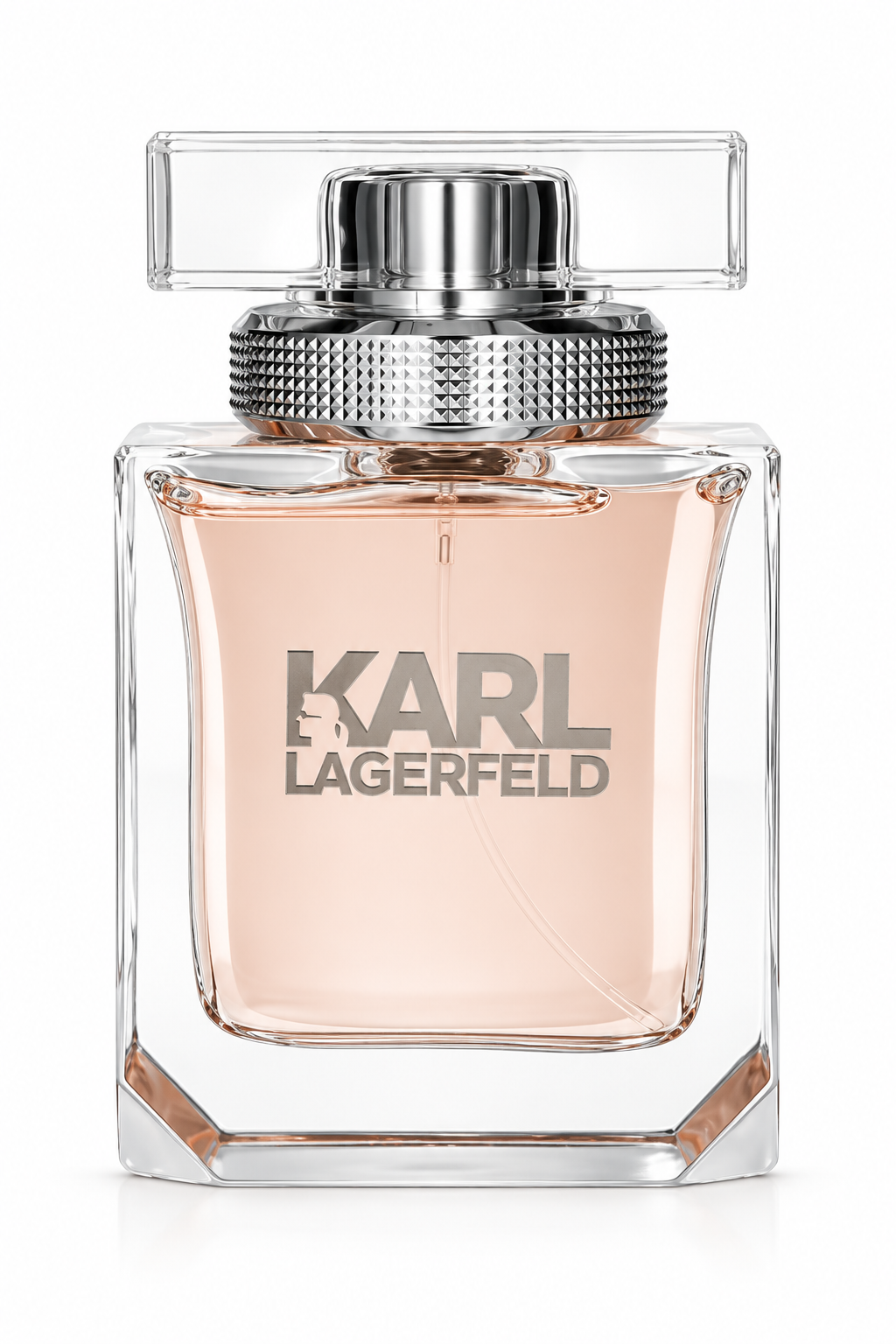 Karl Lagerfeld for Her perfume in a clear rectangular glass bottle with soft pink fragrance, silver textured collar and transparent cap, photographed on a clean white background.