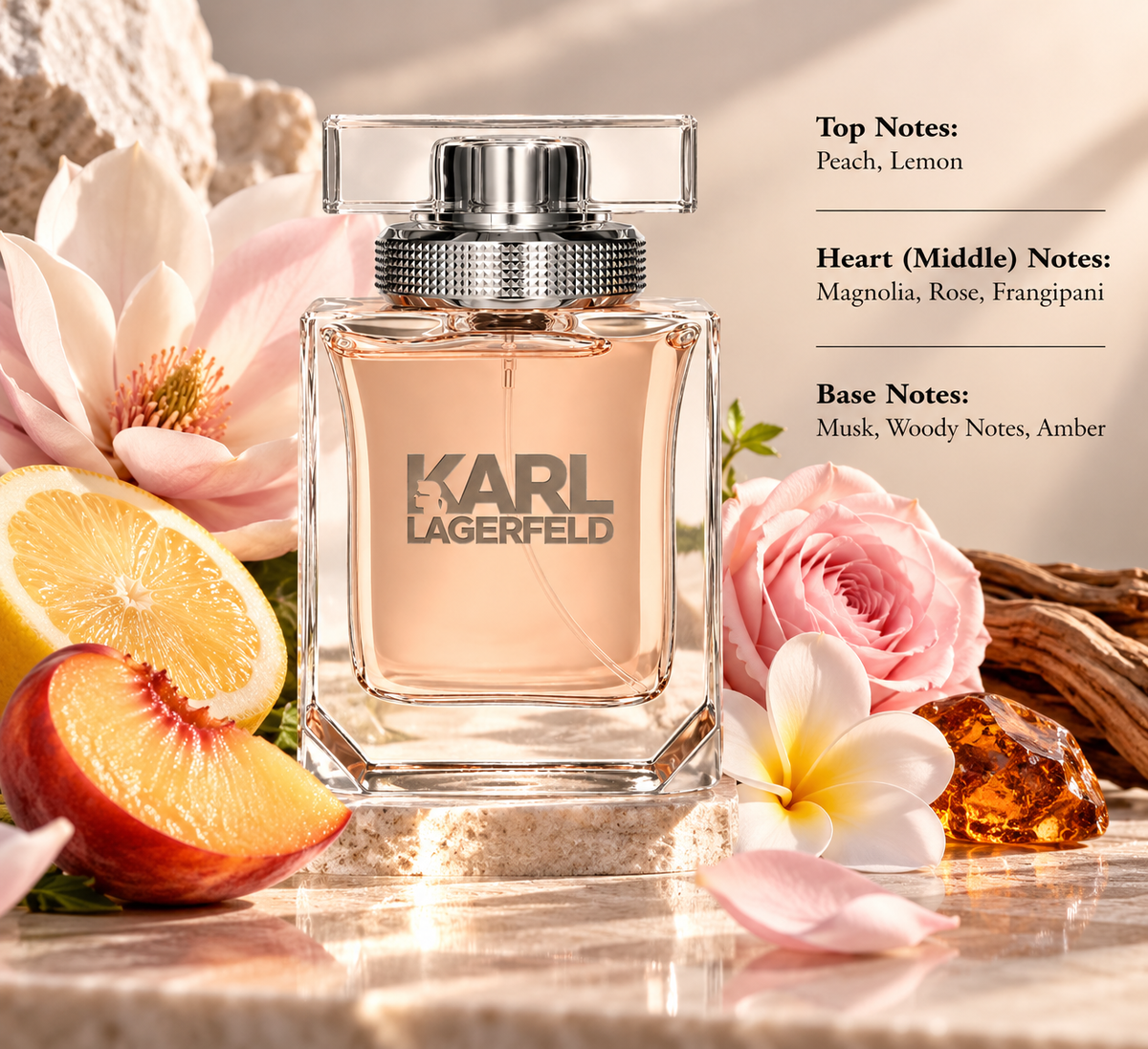 Karl Lagerfeld for Her perfume in an elegant floral setting with peach, lemon, magnolia, rose, frangipani, amber and warm woods, reflecting its fresh fruity, floral and softly woody fragrance profile.