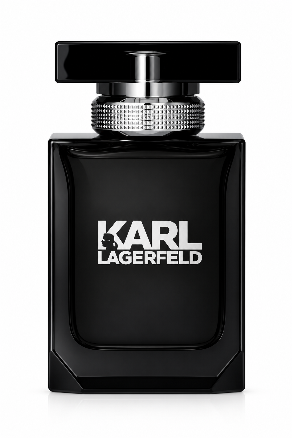 Karl Lagerfeld for Him perfume in a sleek black rectangular bottle with silver textured collar, black cap and signature Karl Lagerfeld logo, photographed on a clean white background.