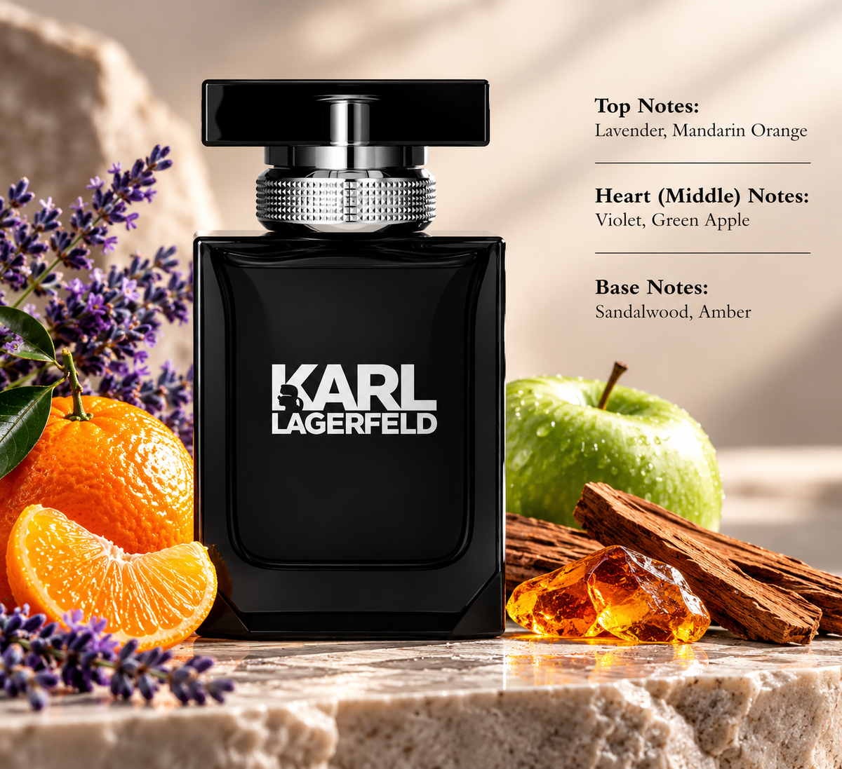 Karl Lagerfeld for Him perfume in a refined masculine setting with lavender, mandarin orange, green apple, sandalwood and amber, reflecting its fresh aromatic, fruity and warm woody fragrance profile.