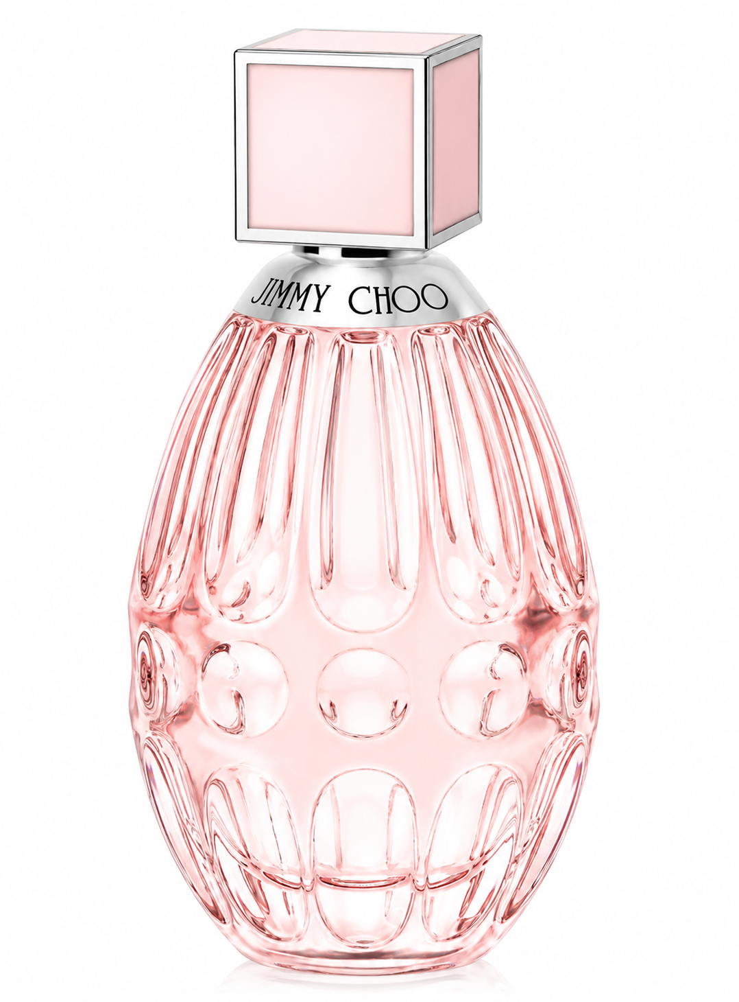 Jimmy Choo L'Eau 40ml Eau de Toilette in an elegant blush-pink faceted glass bottle with a soft pink cube cap, isolated on a pure white background, highlighting its fresh and feminine design.