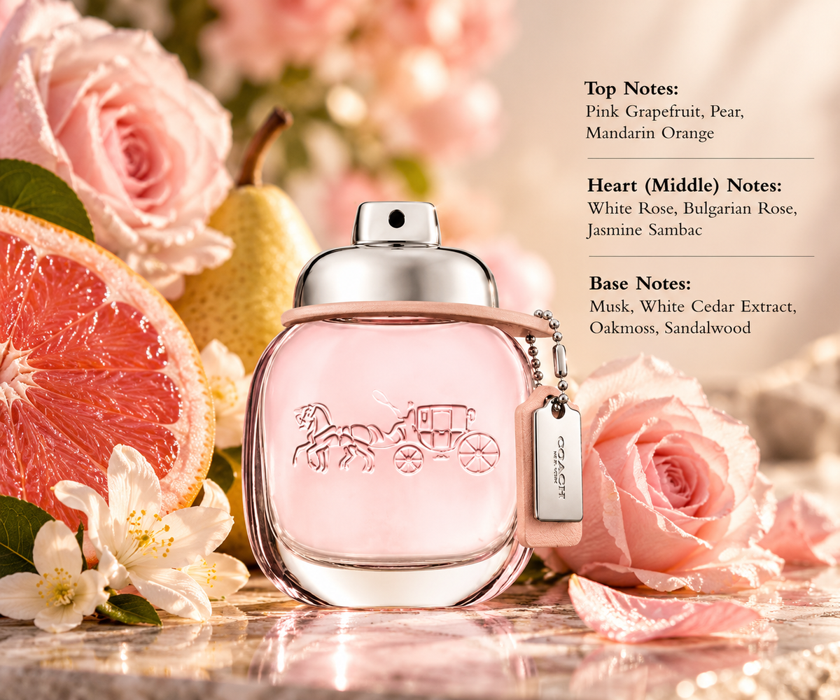 Coach New York floral perfume in an elegant blush pink glass bottle with silver spray cap, signature horse and carriage logo and leather tag, surrounded by pink roses, juicy pear, pink grapefruit and delicate white jasmine flowers, reflecting its fresh, feminine floral and fruity fragrance.