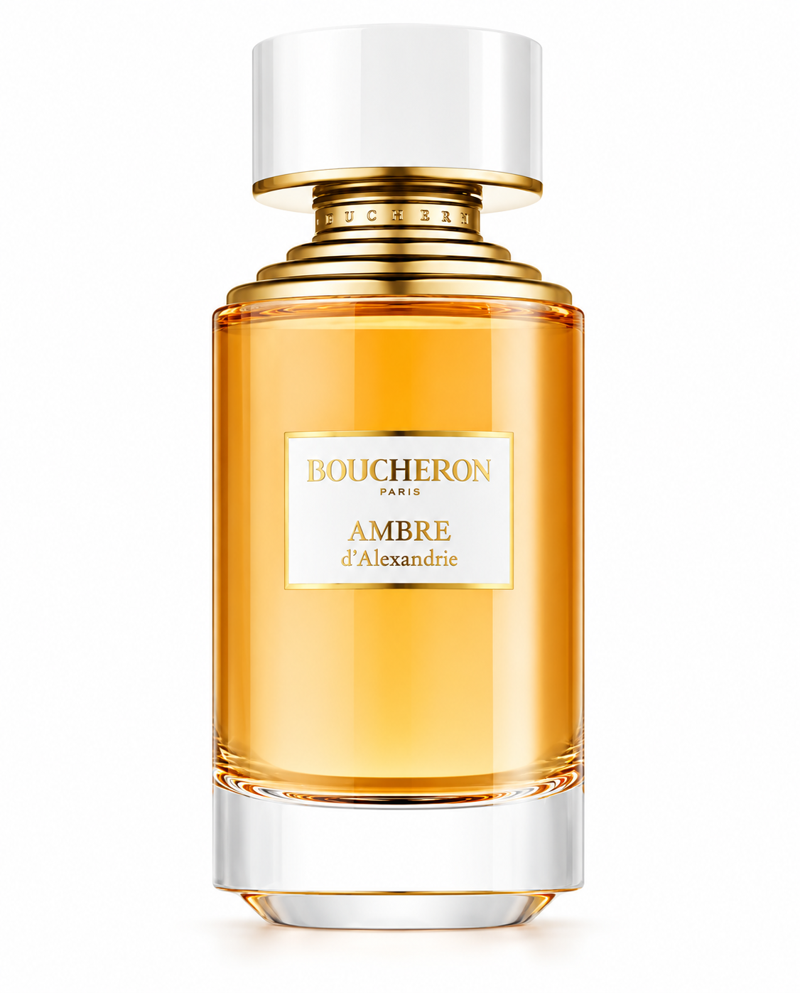 Boucheron Ambre d’Alexandrie perfume bottle with warm amber liquid, elegant white cap and luxurious gold detailing, photographed on a clean white background.