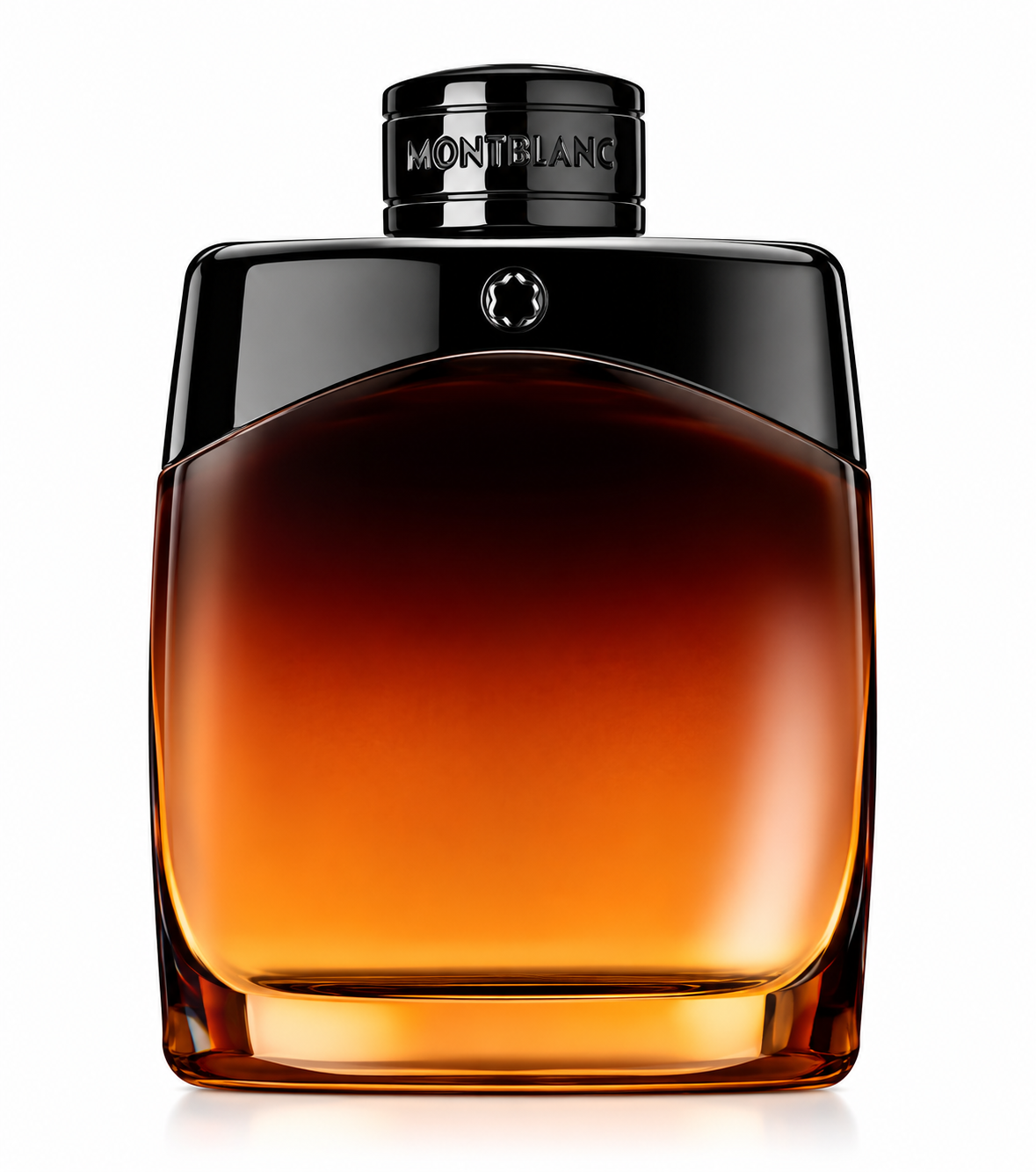 Montblanc Explorer Extreme men’s fragrance in a sophisticated amber gradient glass bottle with glossy black and metallic detailing, Montblanc emblem and branded cap, photographed on a clean white background.