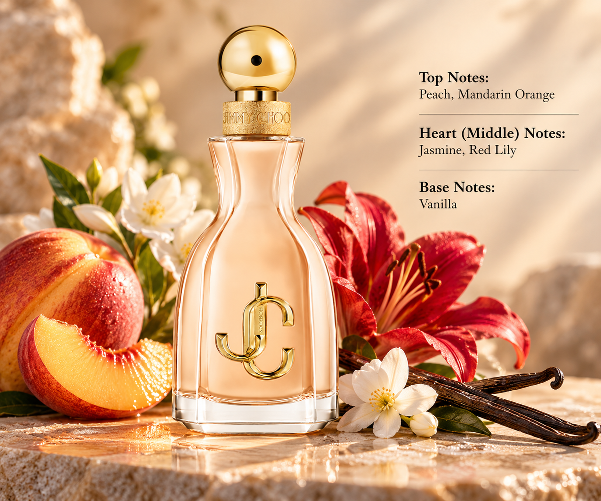 Jimmy Choo I Want Choo Eau de Parfum for women in an elegant peach glass bottle, surrounded by juicy peaches, mandarin orange, delicate jasmine blossoms, vibrant red lilies and vanilla pods on a warm marble surface, reflecting its sweet, fruity and floral fragrance.