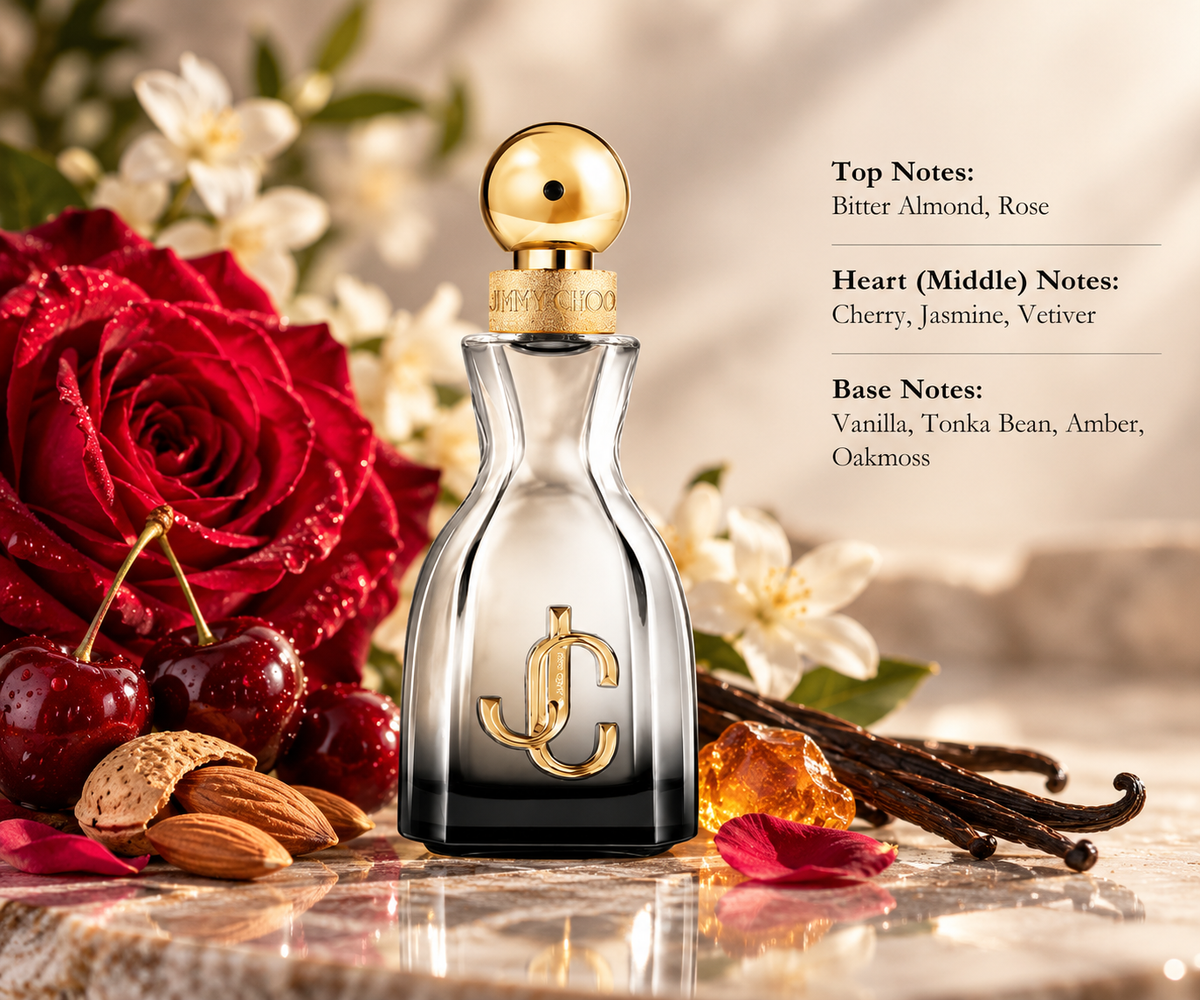 Jimmy Choo I Want Choo With Love Eau de Parfum for women in an elegant silver gradient bottle with a golden cap and JC logo, surrounded by deep red roses, ripe cherries, almonds, delicate jasmine flowers, amber and vanilla pods, reflecting its luxurious, sweet, floral and warm gourmand fragrance.