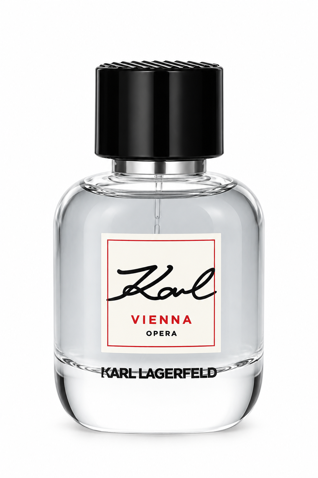 Karl Lagerfeld Vienna Opera perfume in a clear rounded glass bottle with a glossy black textured cap and distinctive white, red and black label, photographed on a clean white background.