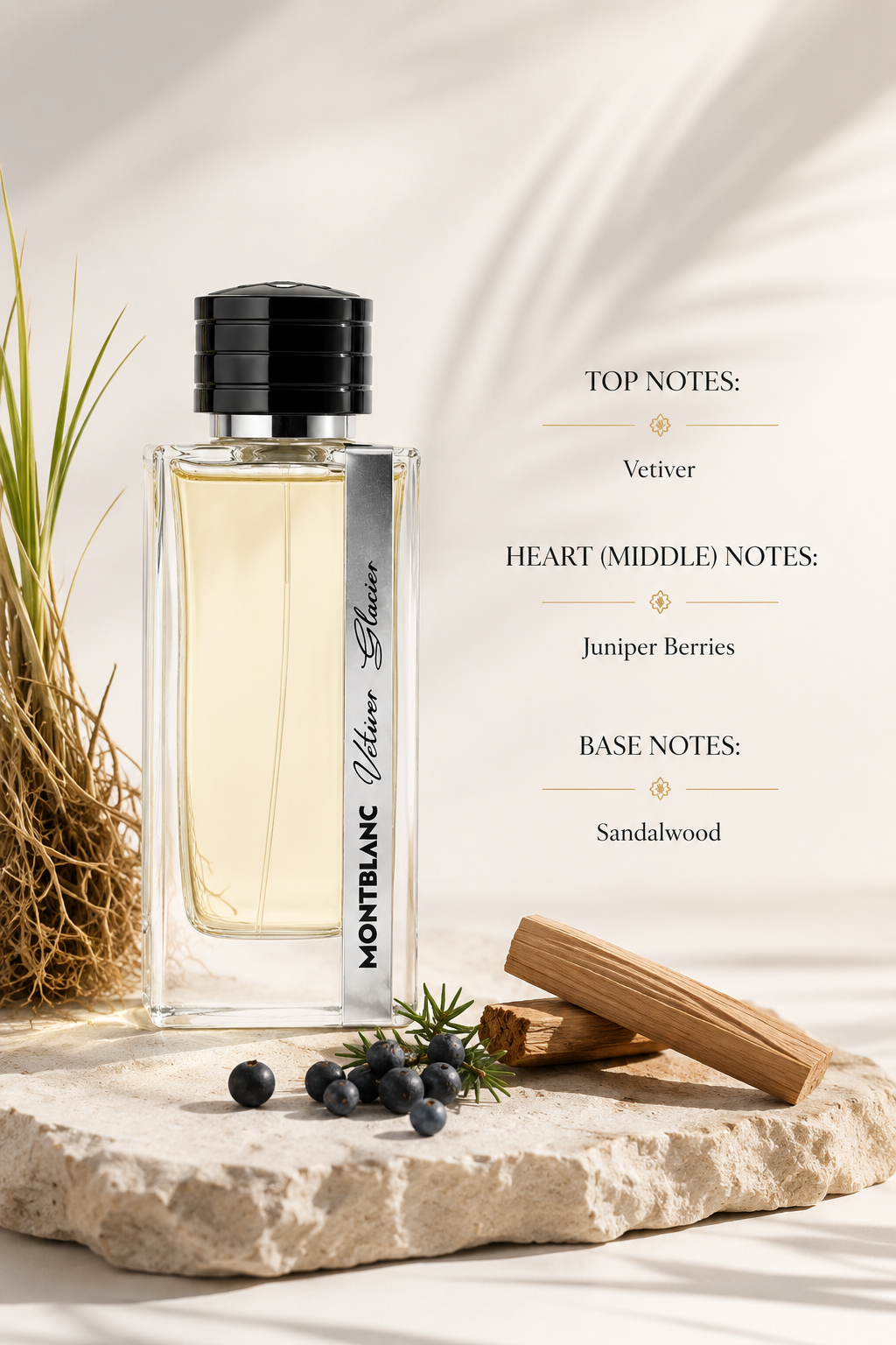 Montblanc Vetiver Glacier Eau de Parfum displayed in a refined luxury composition on a natural limestone surface, surrounded by freshly cut vetiver roots, aromatic juniper berries, smooth sandalwood pieces and subtle alpine-inspired grasses. Warm natural sunlight filters through soft botanical shadows, creating a calm, fresh and sophisticated atmosphere. 