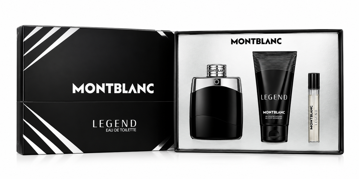 Montblanc Legend Eau de Toilette gift set for men, featuring the iconic black and silver fragrance bottle, Legend shower gel and travel-size perfume spray, presented in an elegant black Montblanc gift box.