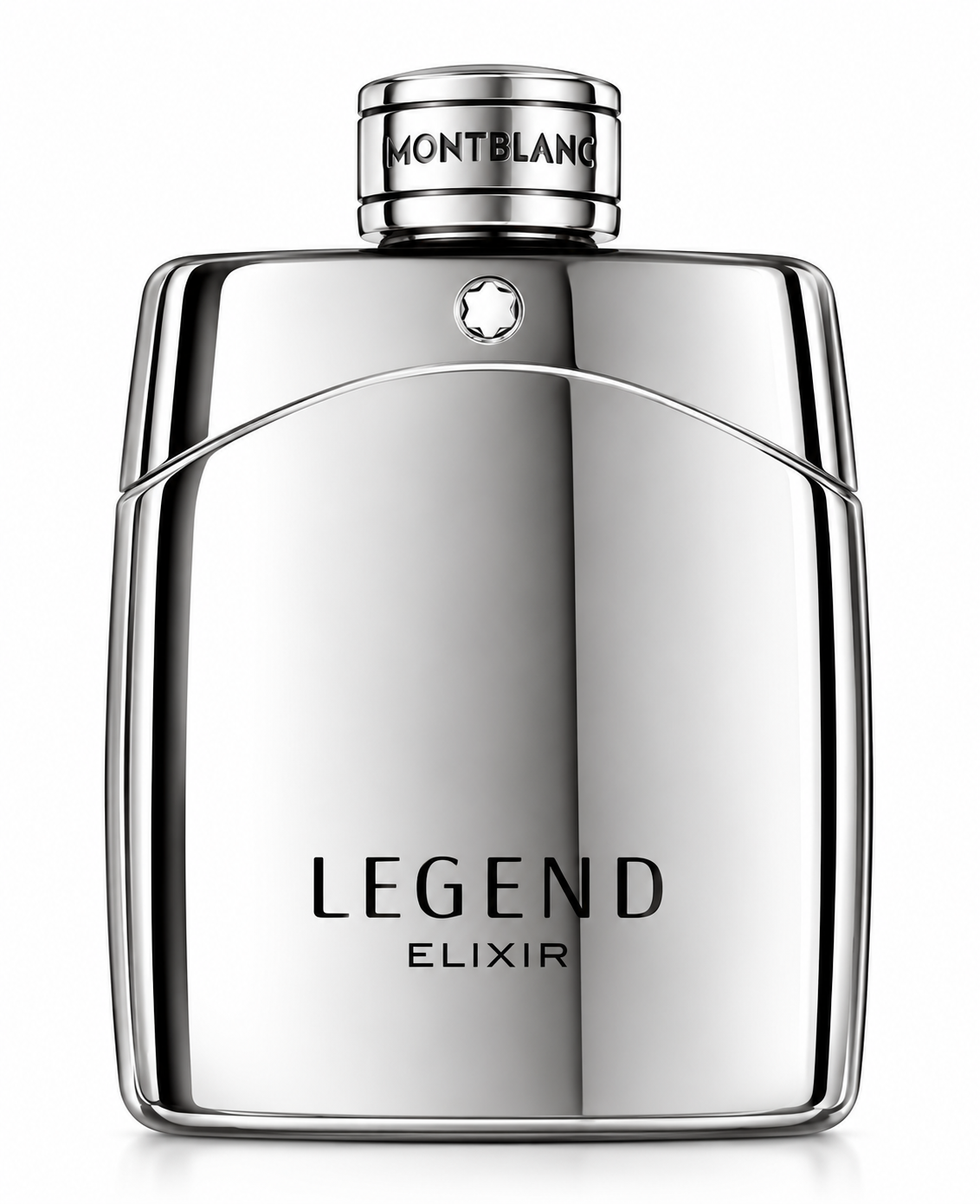 Montblanc Legend Elixir men’s fragrance in a polished silver metallic bottle with the iconic Montblanc emblem, curved detailing and engraved branded cap, photographed on a clean white background.