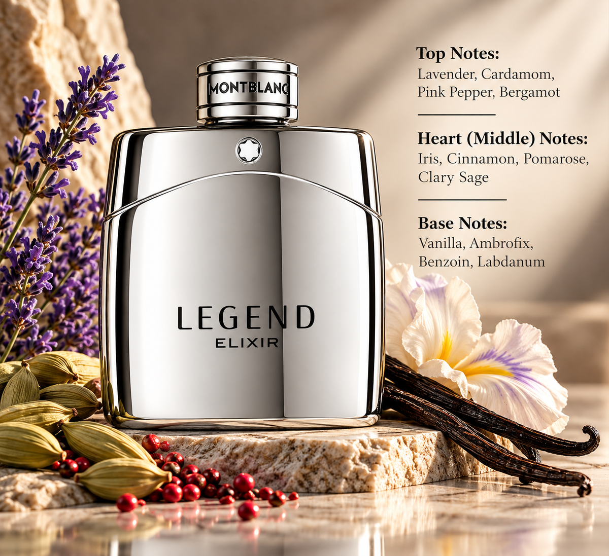 Montblanc Legend Elixir men’s fragrance presented with lavender, cardamom, pink pepper, iris and vanilla accents, highlighting its aromatic, spicy, warm amber and sophisticated masculine scent profile.