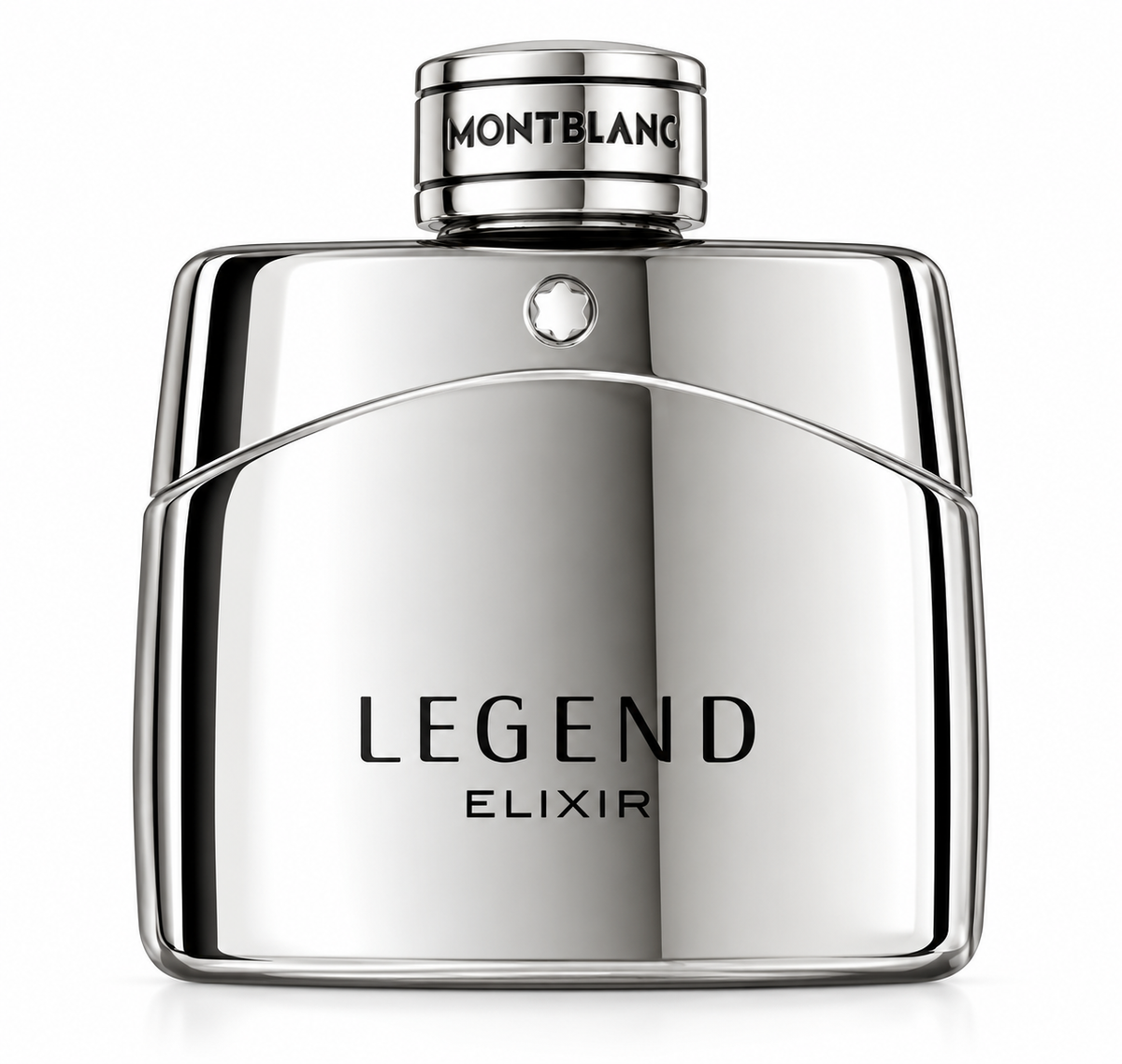 Montblanc Legend Elixir men’s fragrance in a sleek polished silver bottle with Montblanc emblem, curved metallic detailing and branded cap, photographed on a clean white background.