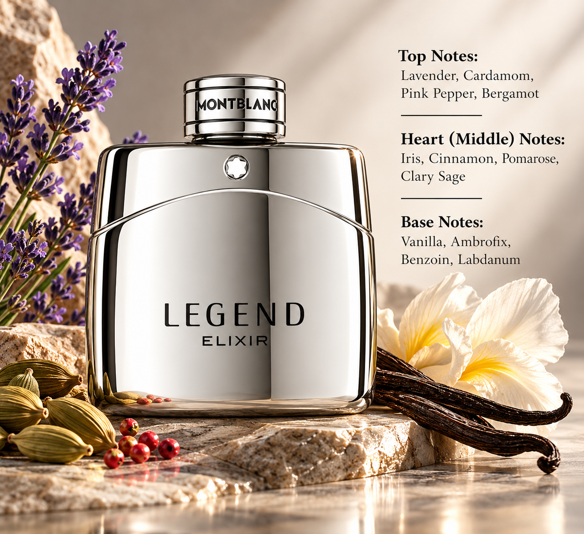Montblanc Legend Elixir men’s fragrance styled with lavender, cardamom, pink pepper, iris and vanilla, reflecting its aromatic, spicy, warm and sophisticated woody-amber scent profile.