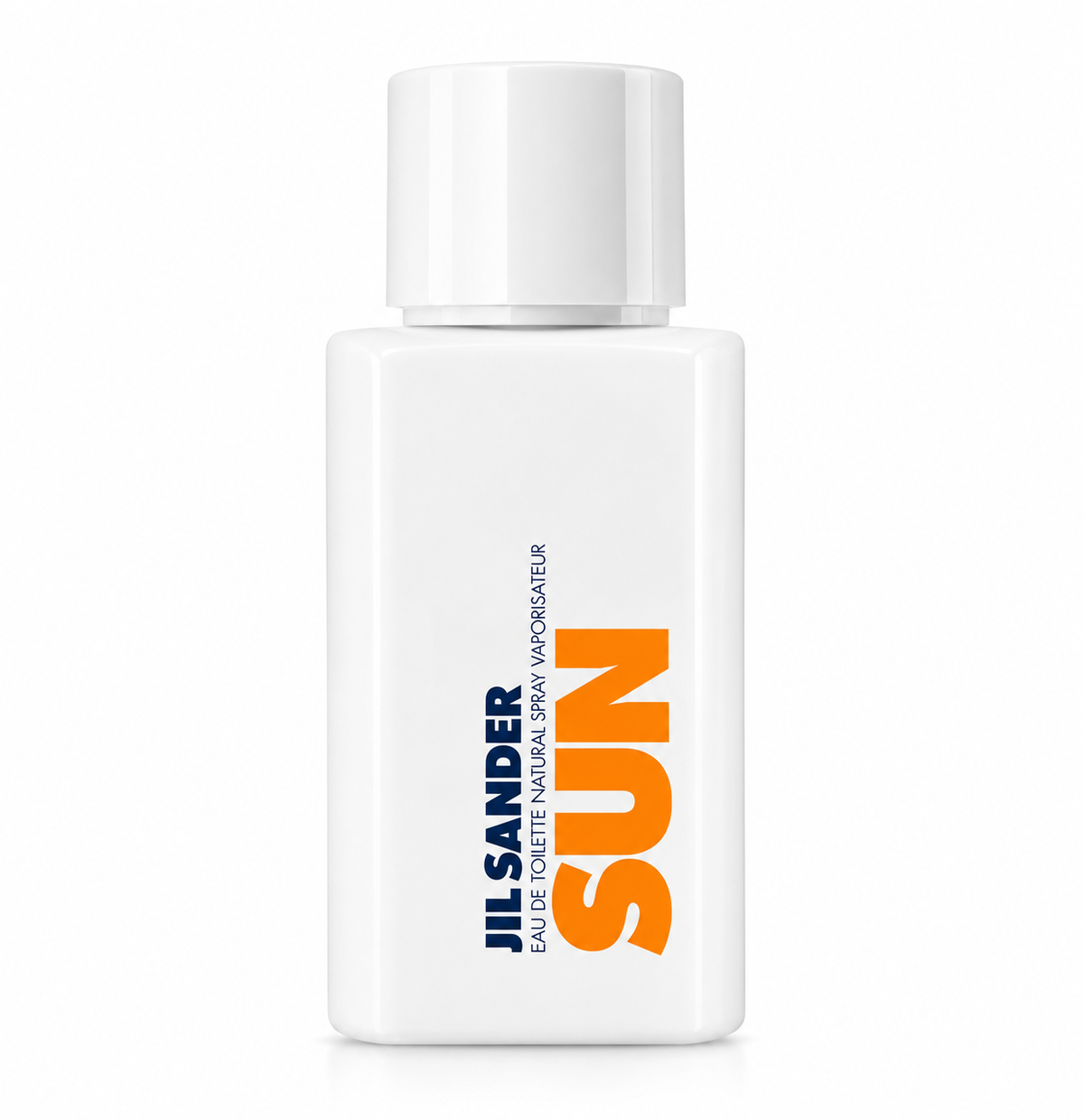 Jil Sander Sun Eau de Toilette for women, featuring a minimalist white rectangular bottle with a matching white cap, bold orange SUN lettering and navy blue Jil Sander branding, photographed against a clean white background. A classic feminine summer fragrance.