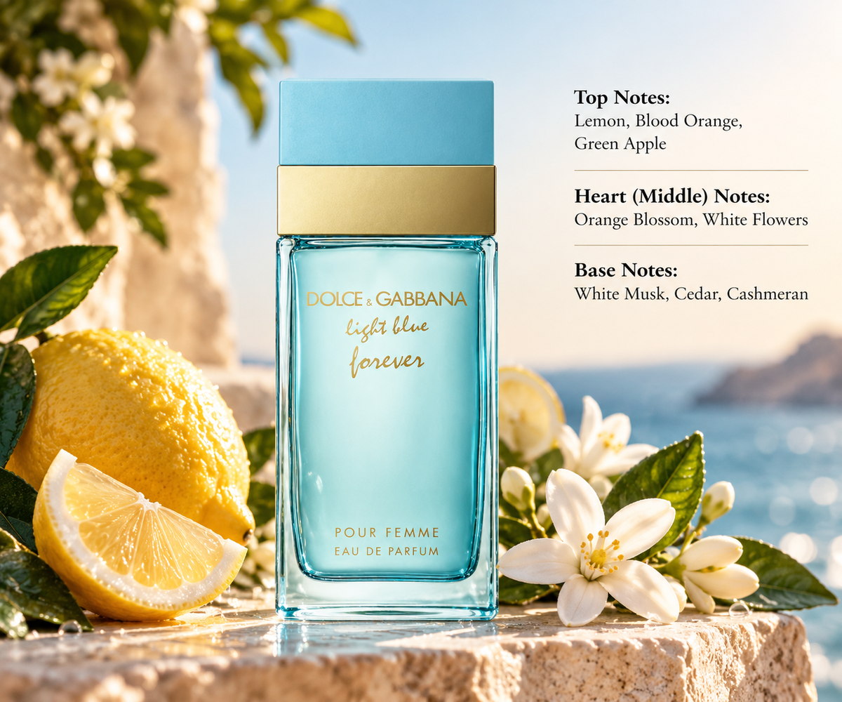 Dolce & Gabbana Light Blue Forever Pour Femme Eau de Parfum in an elegant turquoise glass bottle with a light blue cap and gold detailing, surrounded by fresh lemons, delicate white orange blossoms and green leaves against a sunlit Mediterranean coastal background, reflecting its fresh citrus floral fragrance.