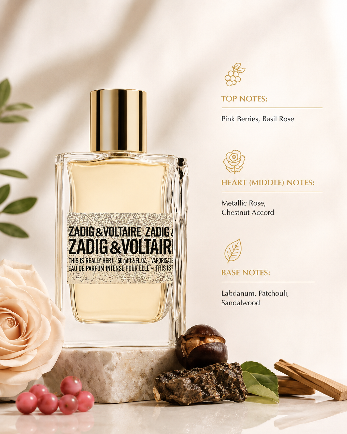 Zadig & Voltaire This Is Really Her! Eau de Parfum Intense presented in a warm, sophisticated setting with pink berries, rose, chestnut, patchouli and sandalwood, reflecting its rich floral, woody and sensual character.
