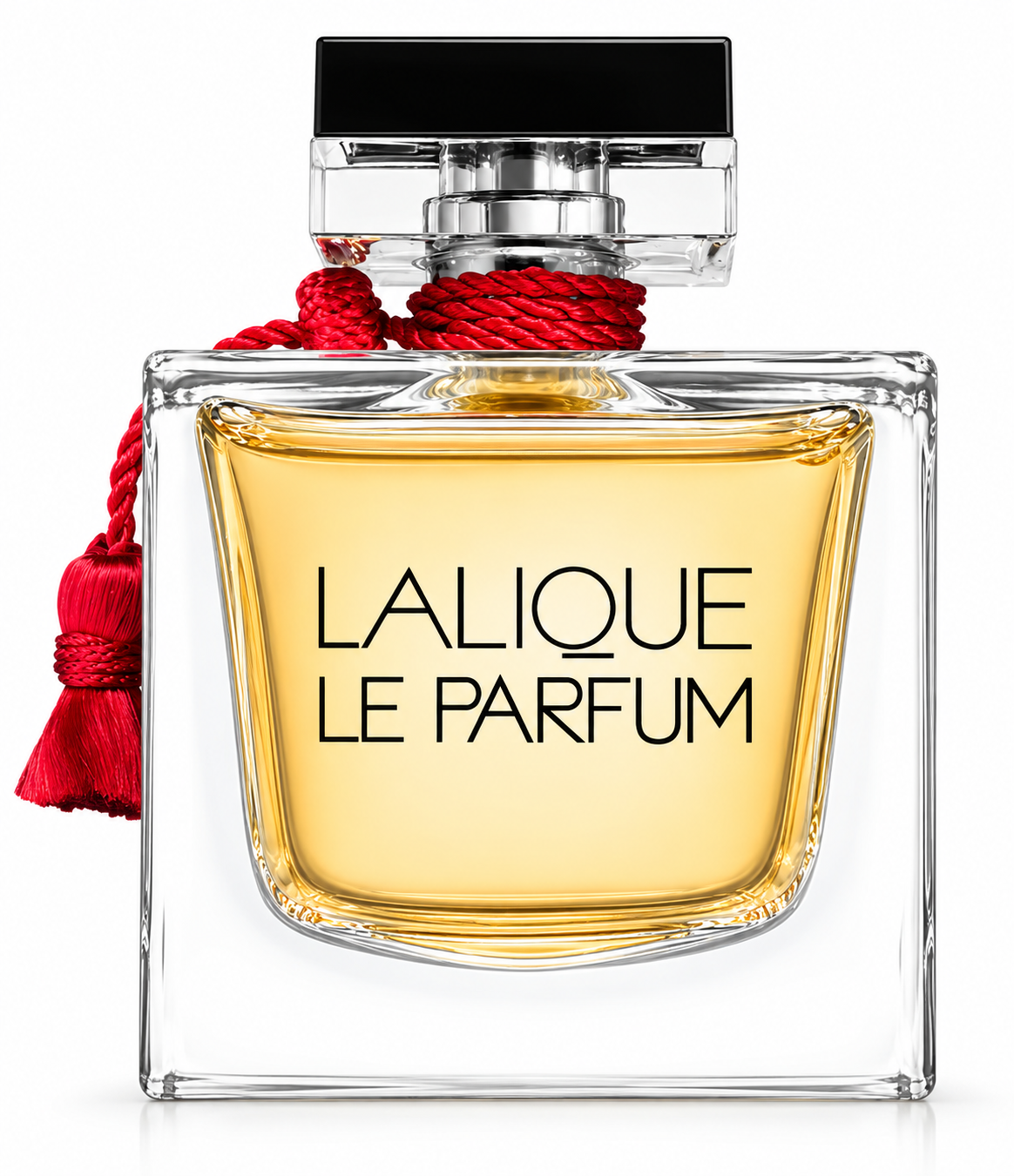 Lalique Le Parfum perfume in a luxurious square glass bottle filled with warm golden fragrance, finished with a black cap and distinctive red tassel, photographed on a clean white background.