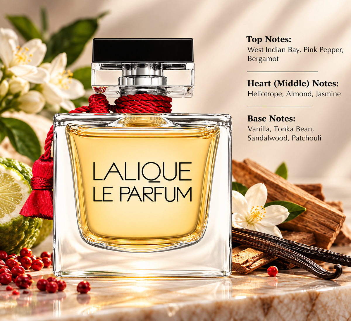 Lalique Le Parfum perfume in an elegant warm setting with bergamot, pink pepper, jasmine, vanilla and sandalwood accents, reflecting its rich floral, spicy, woody and creamy vanilla fragrance character.