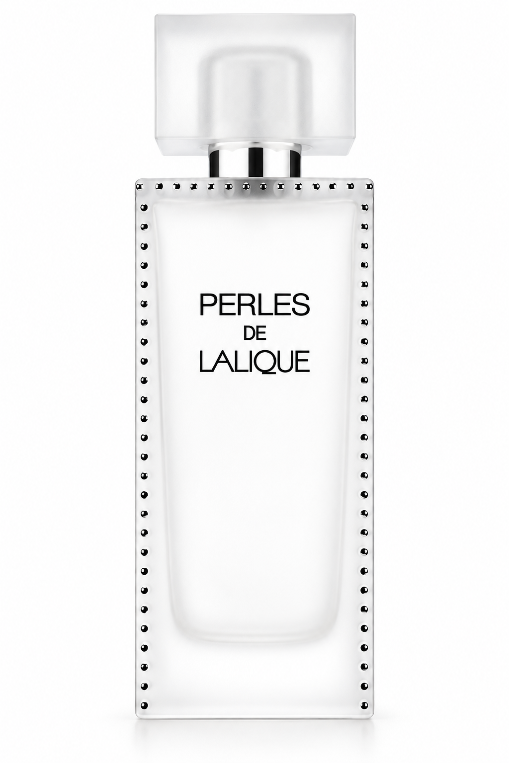 Lalique Perles de Lalique perfume in an elegant frosted rectangular glass bottle with silver stud detailing, minimalist black lettering and a translucent geometric cap, photographed on a clean white background.