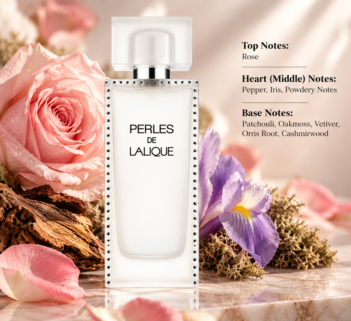 Lalique Perles de Lalique perfume in a refined floral and woody setting with pink rose, iris and natural wood accents, reflecting its powdery rose character with patchouli, oakmoss, vetiver and cashmirwood.
