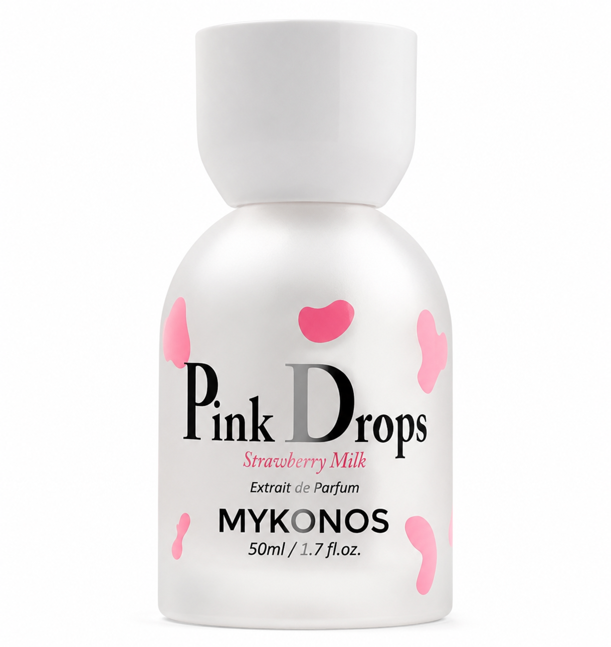 Mykonos Pink Drops Strawberry Milk Extrait de Parfum in a matte white bottle with soft pink accents, isolated on a clean white background.