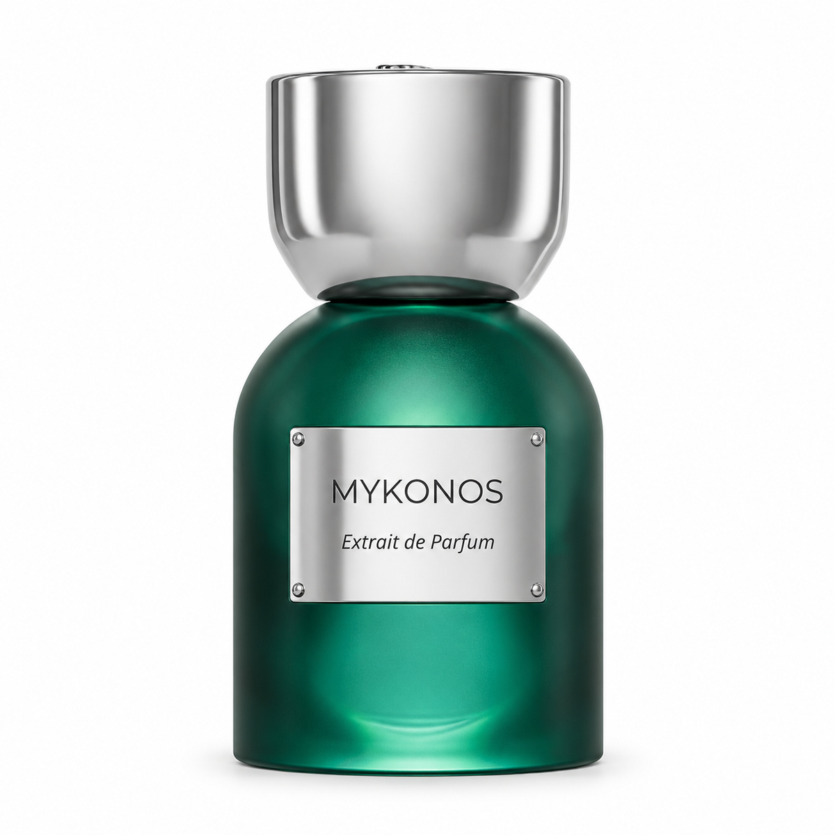 Mykonos Sorrento 50ml Extrait de Parfum in an elegant emerald green bottle with a rounded silhouette, polished silver cap and metallic silver label. This luxury fragrance features a refined minimalist design, photographed against a pure white background with soft studio lighting.