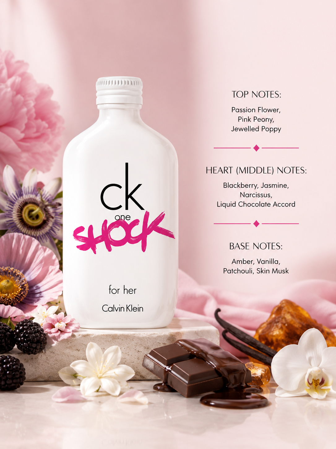 Calvin Klein One Shock perfume bottle in a white bottle with pink and black lettering, styled with flowers, chocolate, and vanilla on a pink background with fragrance notes text.