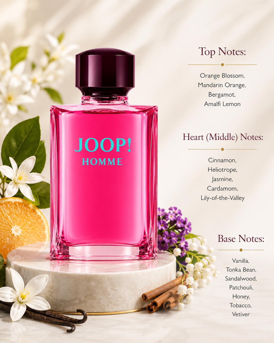JOOP! Homme Eau de Toilette displayed with its fragrance notes, surrounded by orange blossom, citrus fruits, vanilla pods, cinnamon sticks, lily-of-the-valley flowers, and floral accents, highlighting its warm spicy oriental fragrance composition.