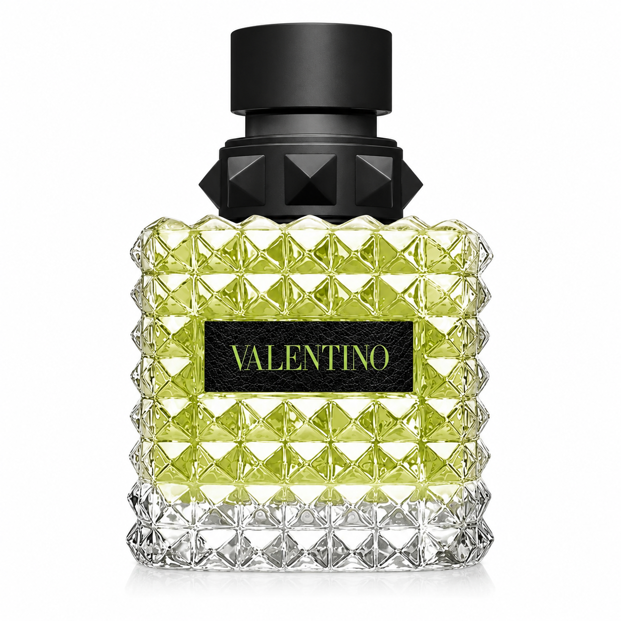 Valentino Born in Roma Green Stravaganza Eau de Toilette in its signature Rockstud-inspired glass bottle, filled with vivid green fragrance and finished with a bold matte-black cap and Valentino label.
