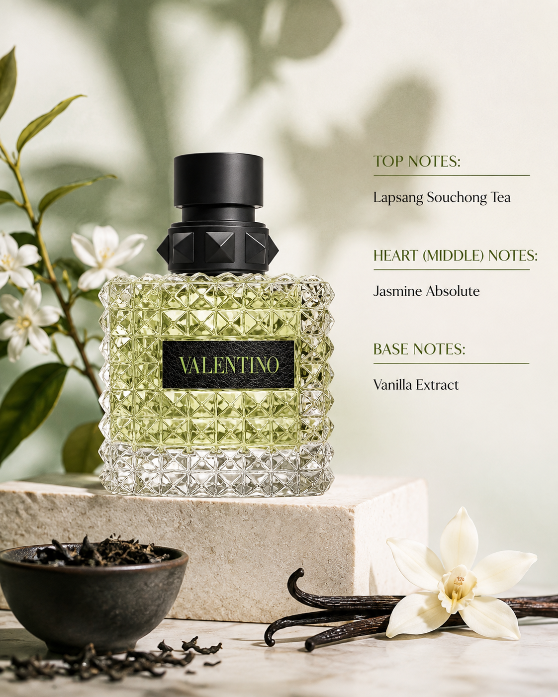 Valentino Born in Roma Green Stravaganza Eau de Toilette presented in a fresh botanical setting with Lapsang Souchong tea, jasmine and vanilla, reflecting its distinctive aromatic, floral and warm character.