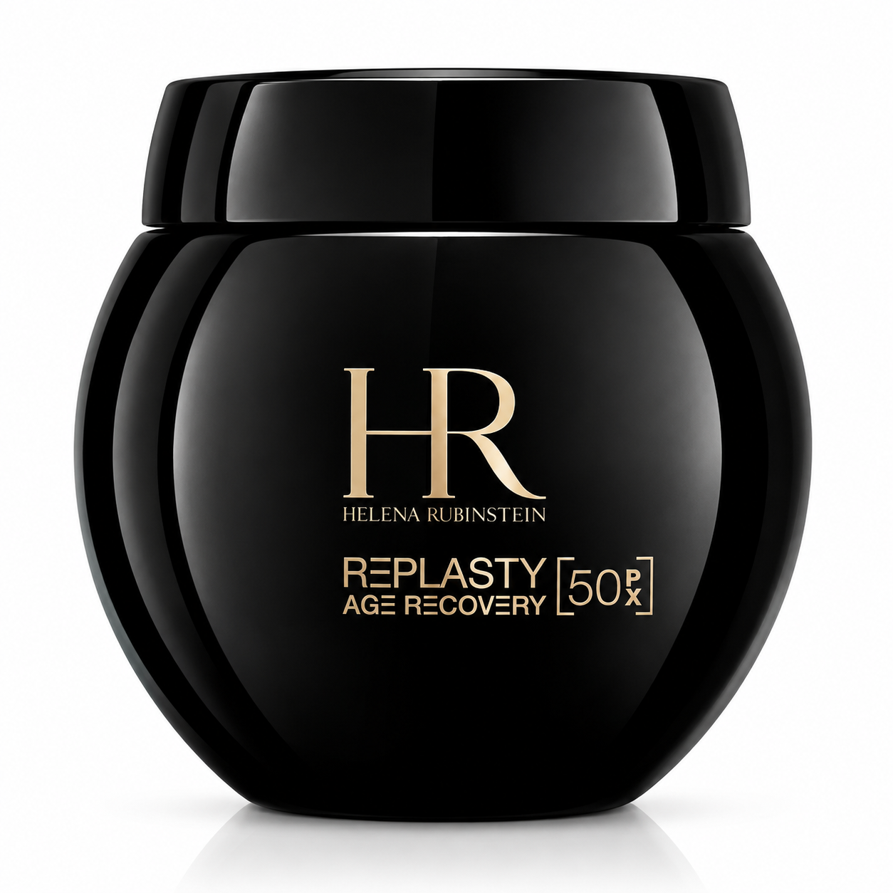 Helena Rubinstein Re-Plasty Age Recovery 50PX presented in its signature glossy black jar with elegant gold HR branding and a clean white studio background.