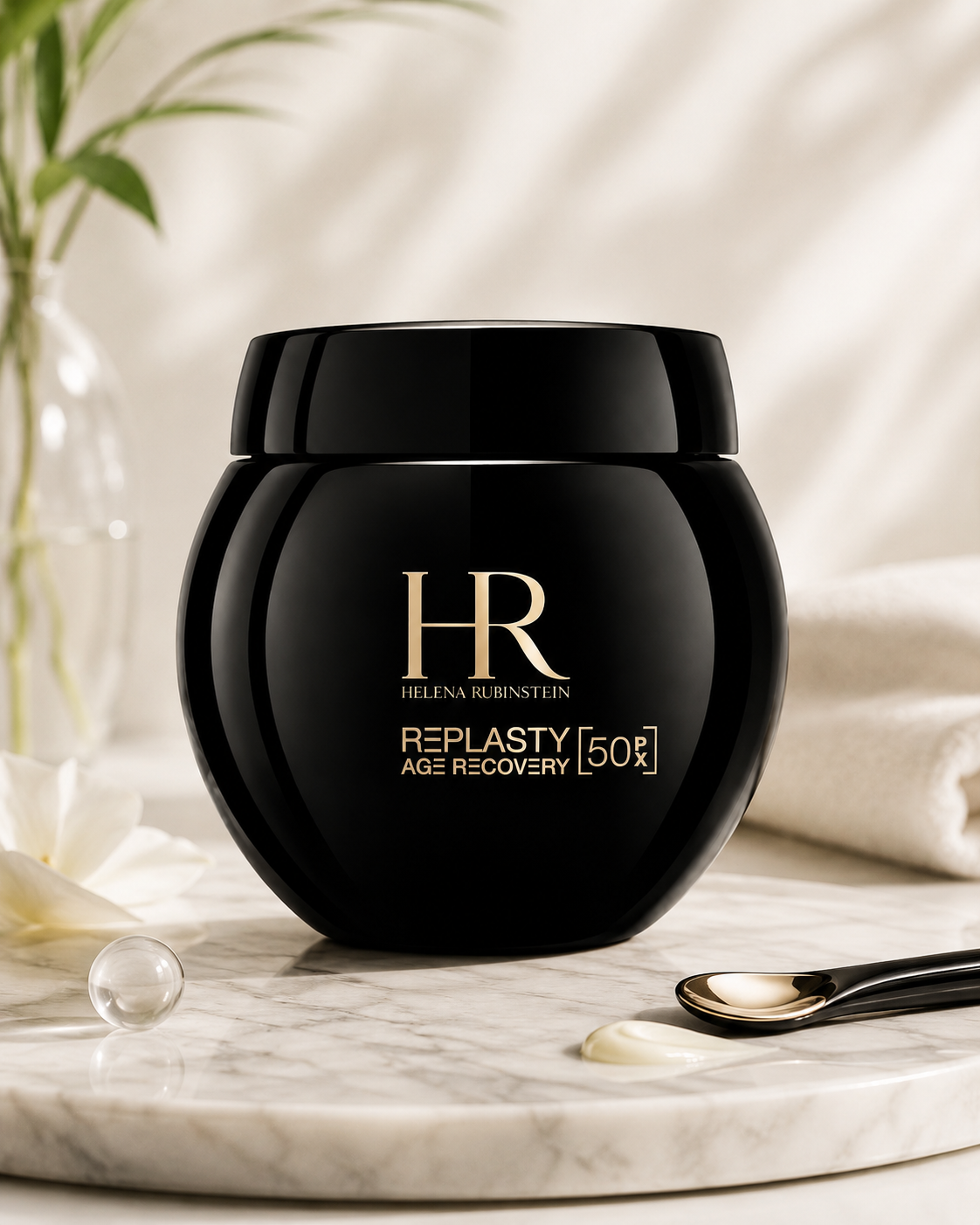 Helena Rubinstein Re-Plasty Age Recovery 50PX styled in a refined luxury skincare setting with soft natural light, marble, fresh florals, a cosmetic applicator and cream texture, emphasizing its premium restorative skincare positioning.