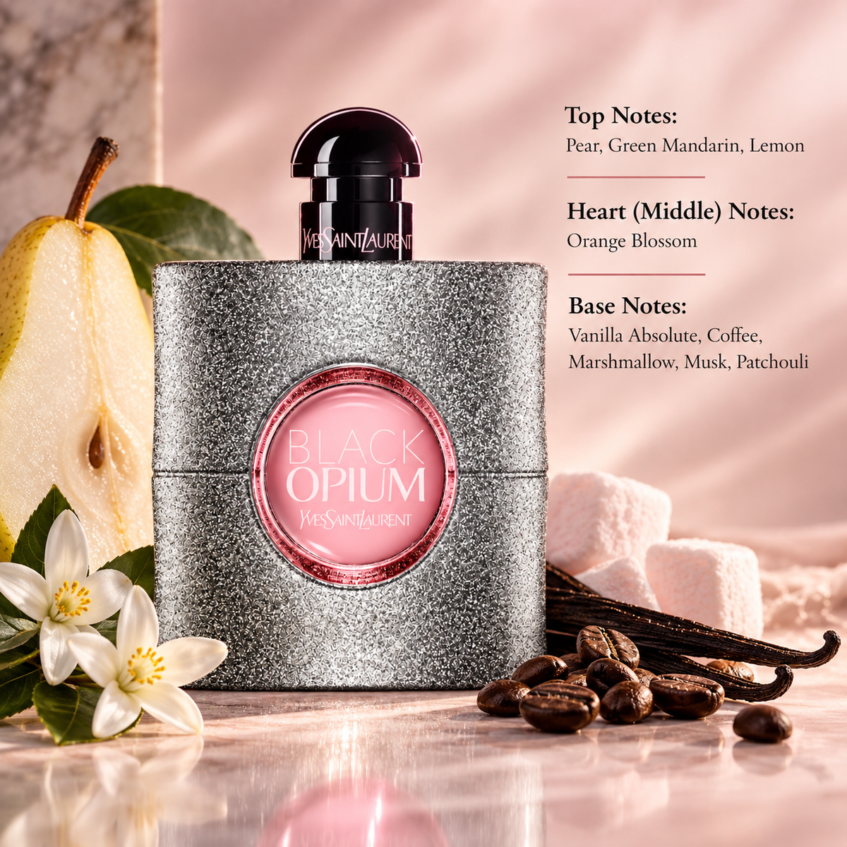 Yves Saint Laurent Black Opium Eau de Parfum Glitter 90ml for Women presented in a glamorous feminine composition inspired by its fruity gourmand fragrance profile, featuring pear, green mandarin and lemon, a luminous orange blossom heart, and an addictive base of vanilla absolute, coffee, marshmallow, musk and patchouli.