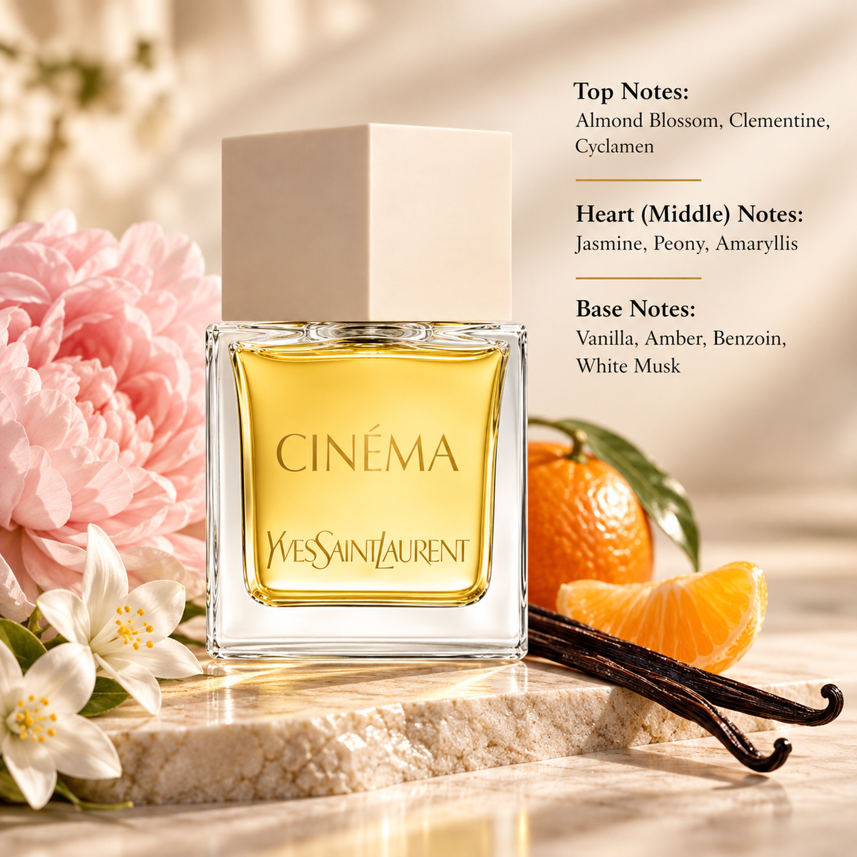 Yves Saint Laurent Cinéma 80ml EDP for Women presented in a warm, elegant composition inspired by its floral amber fragrance profile, featuring almond blossom, clementine and cyclamen, a feminine floral heart of jasmine, peony and amaryllis, and a sensual base of vanilla, amber, benzoin and white musk.