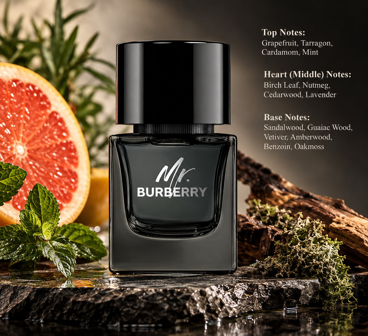 Burberry Mr. Burberry men's fragrance in a sleek dark glass bottle with a black cap and silver logo, surrounded by grapefruit, fresh mint leaves, aromatic herbs, moss and woody elements. A sophisticated woody aromatic perfume featuring cardamom, lavender, cedarwood, vetiver, sandalwood and amberwood.