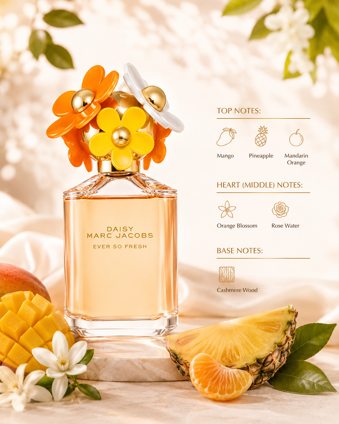 Marc Jacobs Daisy Ever So Fresh Eau de Parfum displayed with mango, pineapple, mandarin orange and orange blossom, highlighting its bright, juicy, tropical and floral fragrance character.