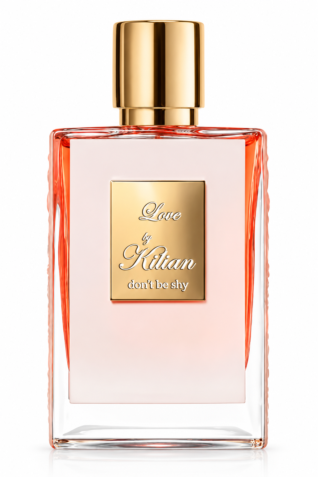 Kilian Love, Don’t Be Shy perfume in an elegant rectangular glass bottle with a soft blush pink center, polished gold cap and signature gold front plaque, photographed on a clean white background.