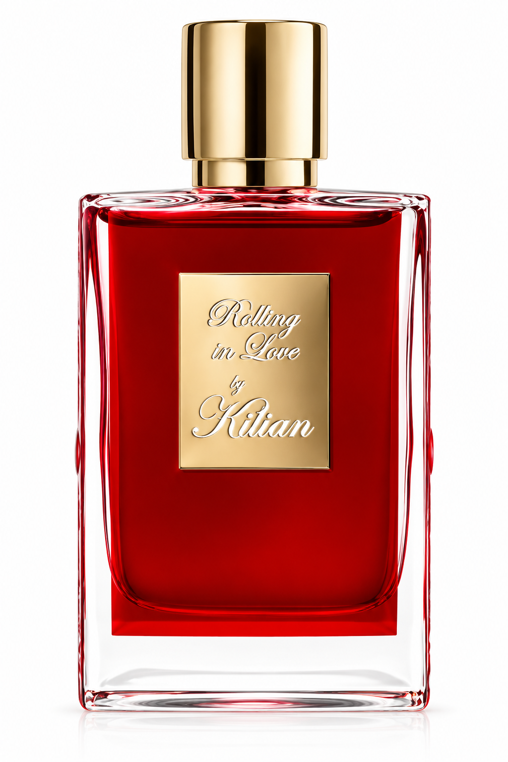 Kilian Rolling in Love perfume in a striking deep red glass bottle with a polished gold cap and signature gold front plaque, photographed on a clean white background.