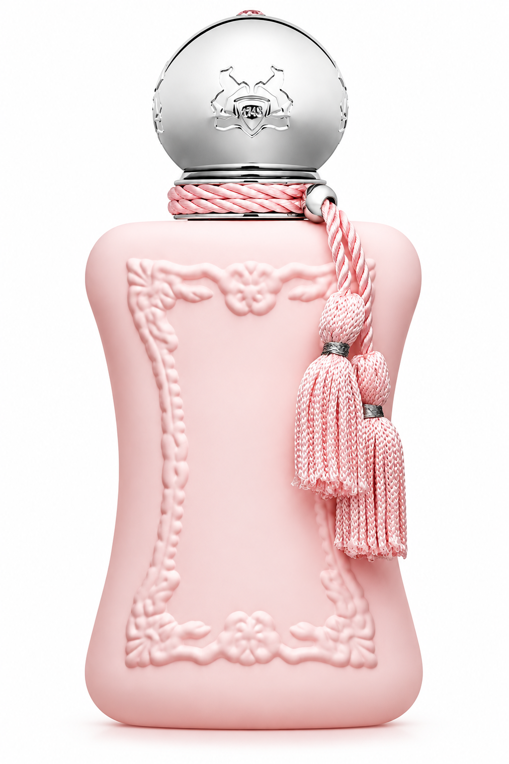 Parfums de Marly Delina Exclusif perfume in a soft blush pink bottle with ornate embossed detailing, polished silver cap and signature pink tassels, presented on a clean white background.