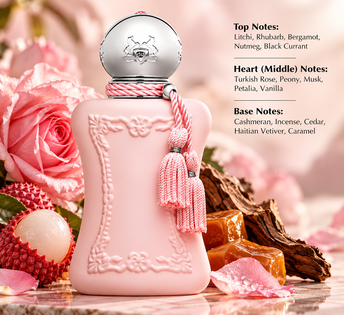 Parfums de Marly Delina Exclusif in an elegant pink setting with lychee, rose, caramel and warm woody accents, highlighting its rich fruity, floral, creamy and sensual fragrance character.