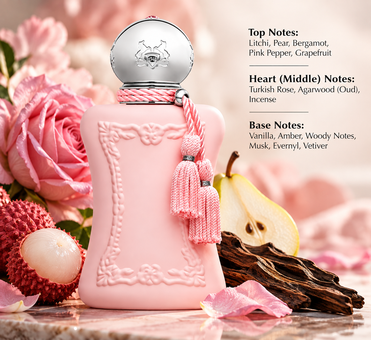 Parfums de Marly Delina presented with lychee, pear, Turkish rose, oud and warm woody accents, highlighting its elegant fruity, floral, rosy and softly woody fragrance profile.