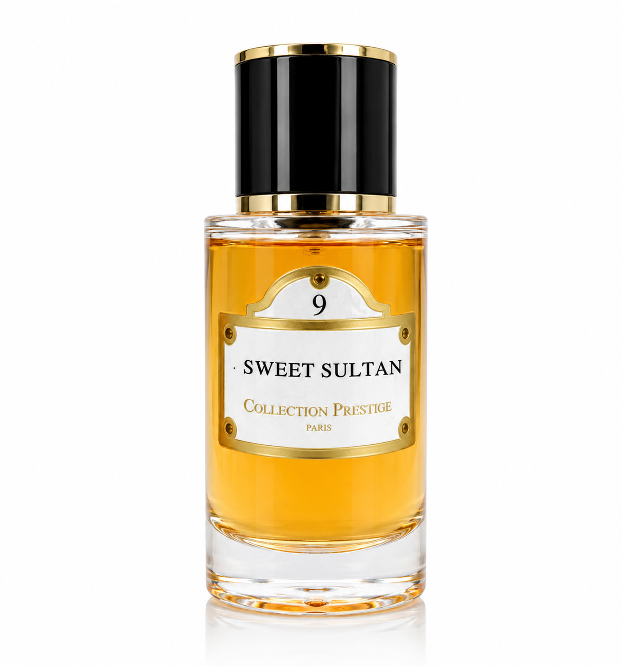 Collection Prestige Sweet Sultan No. 9 Eau de Parfum in an elegant clear glass bottle with a black and gold cap, isolated on a clean white background. This sophisticated oriental fragrance opens with a sweet accord and exotic spices, reveals a warm vanilla heart with signature Sultan accord, and finishes with rich amber, musk, and woody notes for a smooth, luxurious, and long-lasting scent.