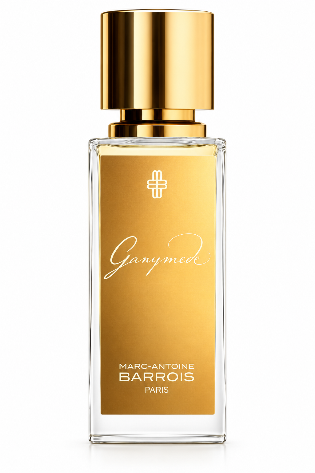 Marc-Antoine Barrois Ganymede perfume in a sleek rectangular glass bottle with a metallic gold label and polished gold cap, presented on a clean white background.