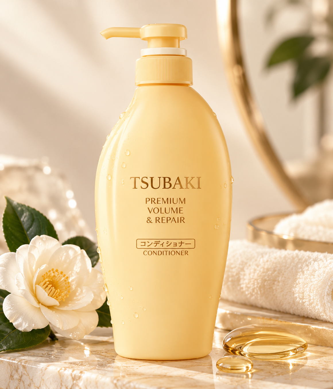 Tsubaki Premium Volume & Repair Conditioner in an elegant golden-yellow pump bottle, displayed on a warm beige marble surface with delicate water droplets, white camellia flowers, green leaves and soft towels. Japanese hair conditioner for volume, hydration and damaged hair repair, presented in a luxurious skincare setting.