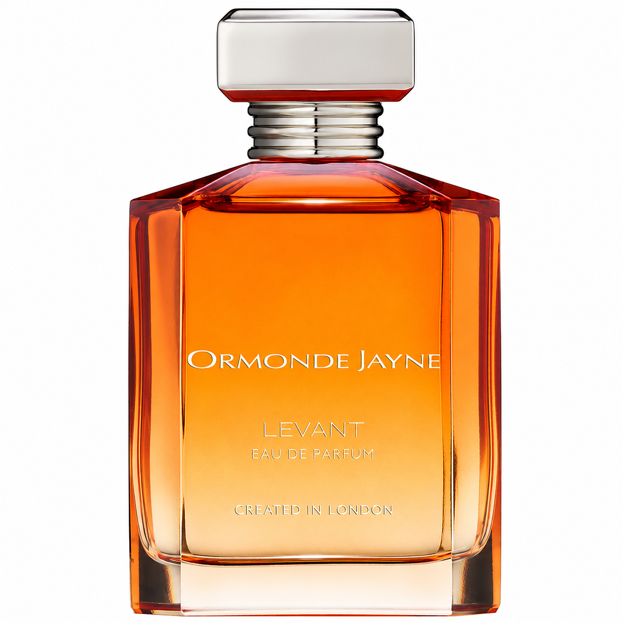 Ormonde Jayne Levant Eau de Parfum in an elegant clear glass bottle filled with radiant amber fragrance, featuring a minimalist design, a refined frosted cap, and sophisticated silver lettering, presented on a clean white background. Luxury niche perfume showcased in a high-resolution studio product image.
